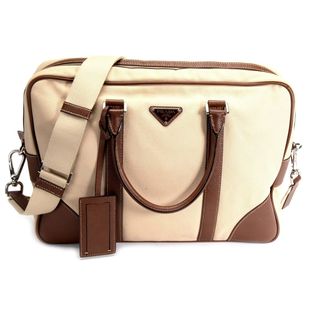 Prada Beige Canvas and Saffiano Leather Briefcase Bag